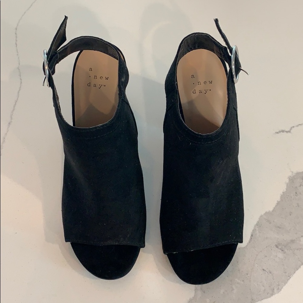 Rhea Microsuede Open Toe Stacked Heeled Pumps